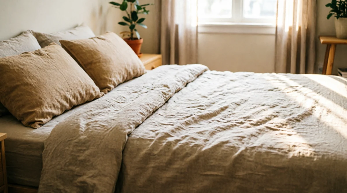 Bed with washed linen duvet cover giving a budget summer bedroom a light and airy texture
