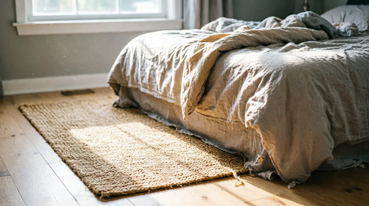 Jute rug in a summer bedroom creating a cooler, breathable floor surface