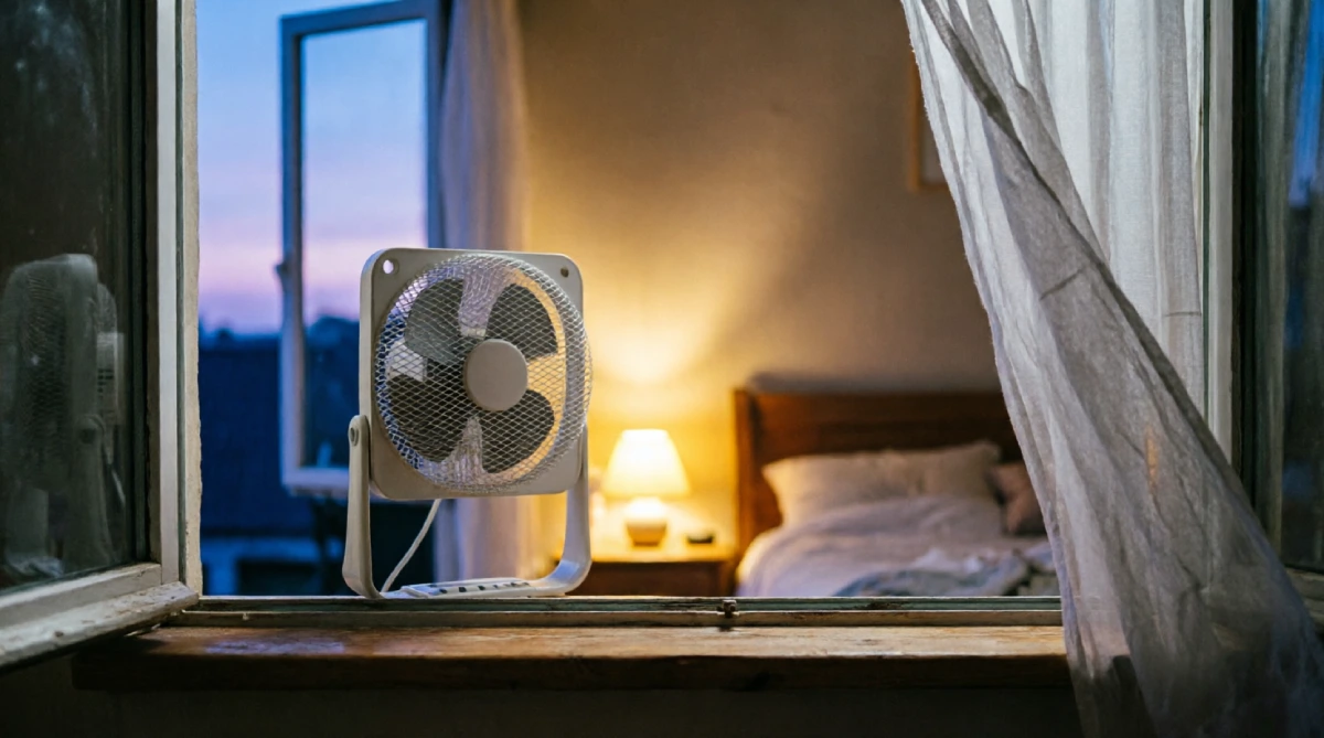 Open window with box fan cooling the bedroom at night
