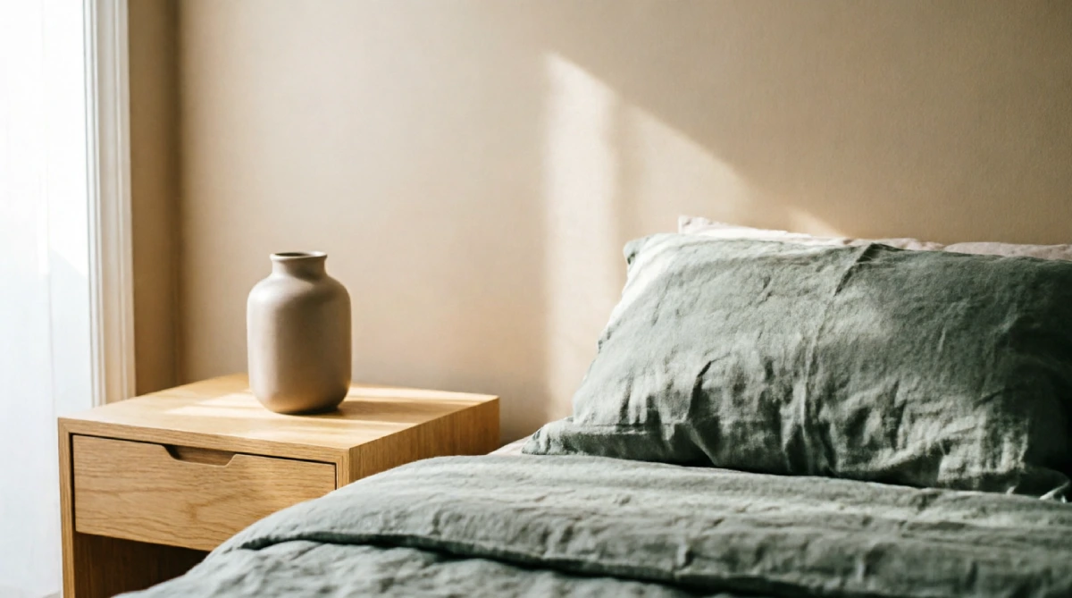 15 Summer Bedroom Styling Ideas for a Relaxing Look - Bedroom - Homedecortoday Bedroom corner styled with sage green and sandy beige textiles in soft morning light