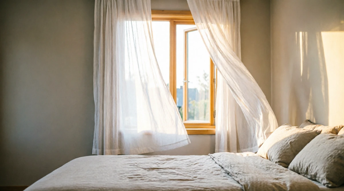 15 Summer Bedroom Styling Ideas for a Relaxing Look - Bedroom - Homedecortoday White sheer curtains at a sunlit bedroom window moving softly in a summer breeze