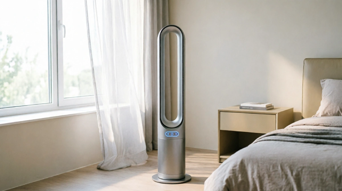 10 Easy Summer Bedroom Upgrades That Improve Sleep - Bedroom - Homedecortoday A quiet tower fan in a summer bedroom corner for better airflow.