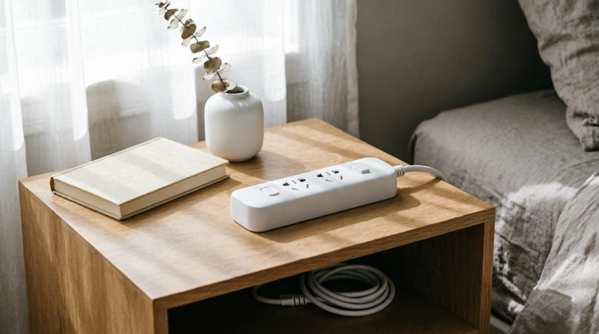 Power strip turned off to reduce heat in a summer bedroom