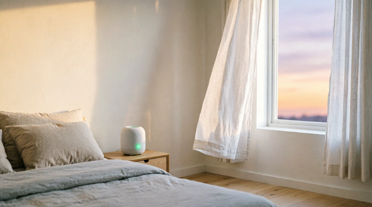10 Easy Summer Bedroom Upgrades That Improve Sleep - Bedroom - Homedecortoday White noise machine on a nightstand in a summer bedroom with open window