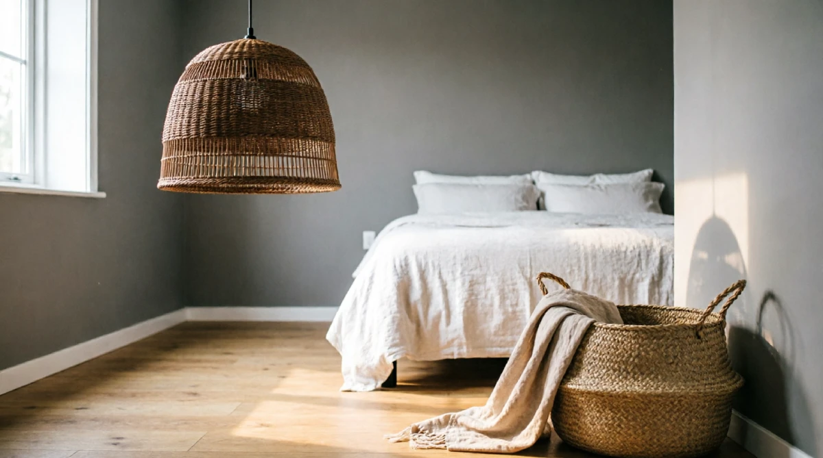 15 Summer Bedroom Styling Ideas for a Relaxing Look - Bedroom - Homedecortoday Bedroom corner featuring a rattan light and seagrass basket in warm summer light