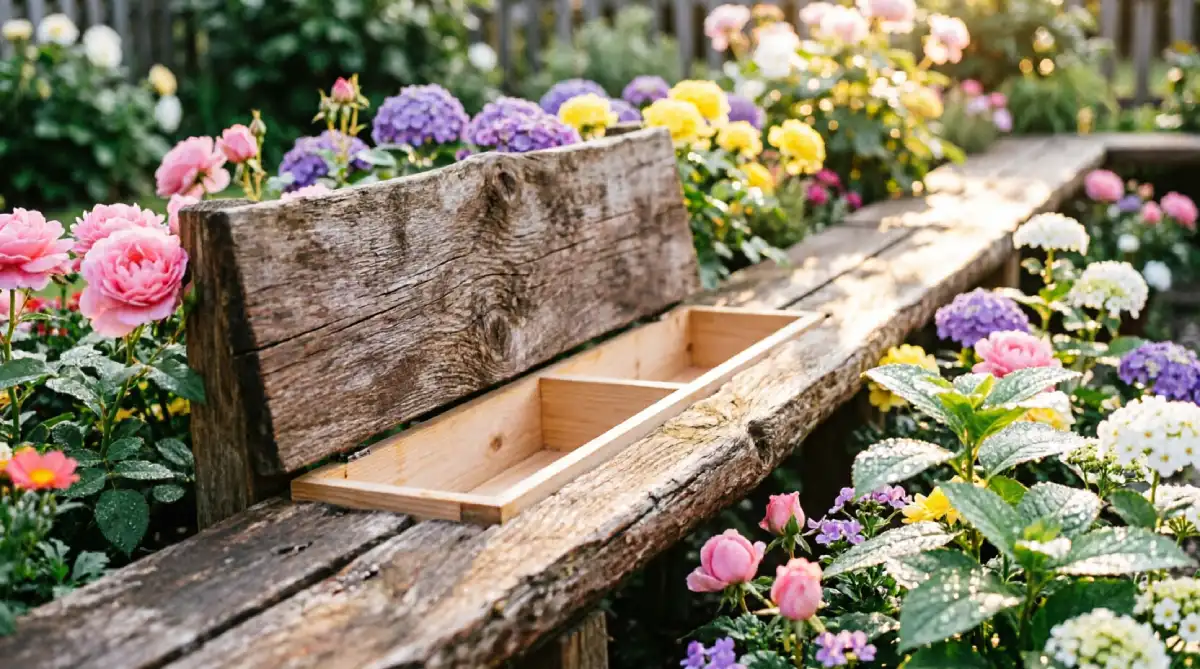 12 Summer Garden Seating Ideas for Comfort - Outdoor Living - Homedecortoday Built-in garden bench with hidden storage compartment among flowering borders