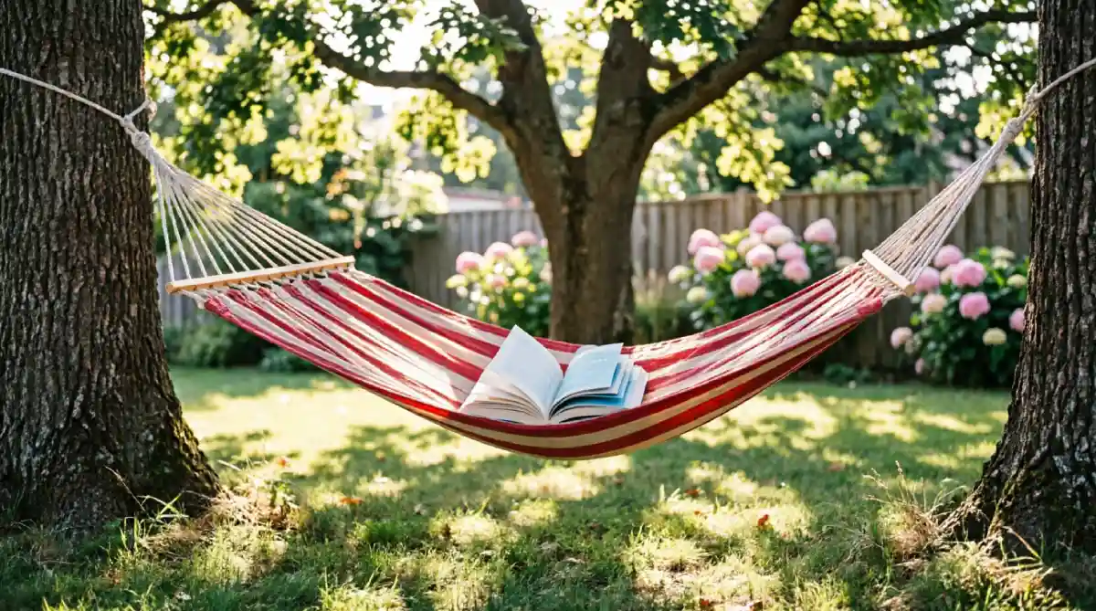 12 Summer Garden Seating Ideas for Comfort - Outdoor Living - Homedecortoday Double hammock hung between trees in a green summer garden