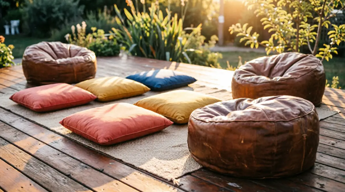 12 Summer Garden Seating Ideas for Comfort - Outdoor Living - Homedecortoday Outdoor floor cushions and Moroccan poufs spread across a wooden deck