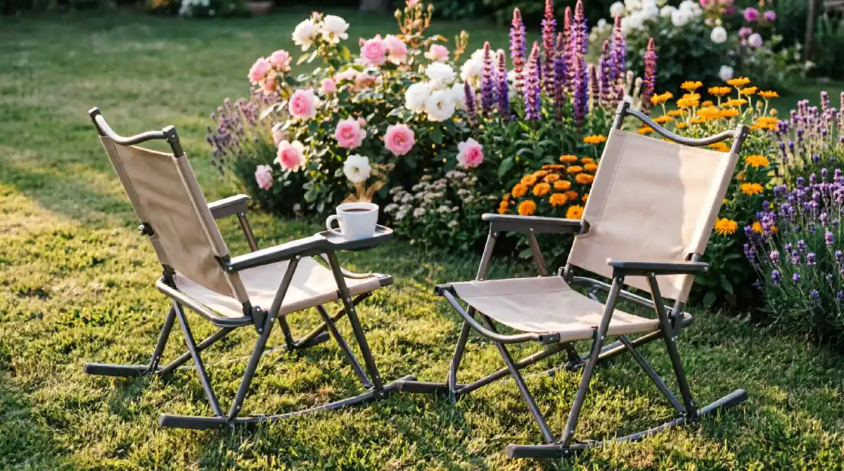 12 Summer Garden Seating Ideas for Comfort - Outdoor Living - Homedecortoday Foldable outdoor rocking chairs on a grassy lawn in summer