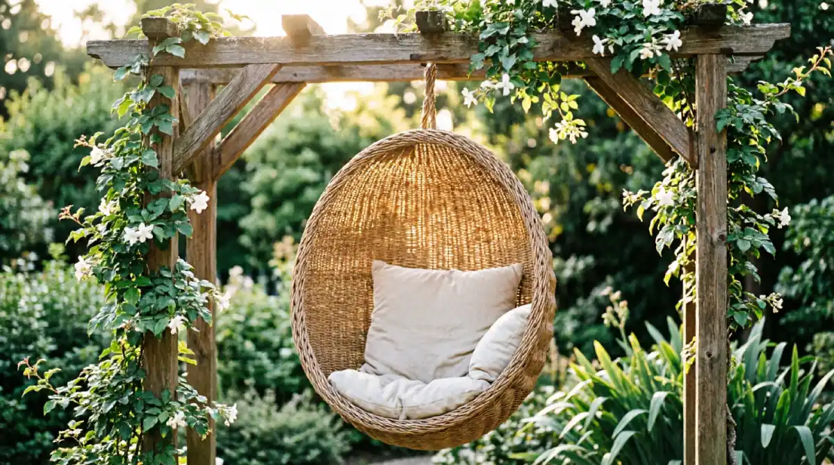 12 Summer Garden Seating Ideas for Comfort - Outdoor Living - Homedecortoday Hanging rattan chair with cushion tucked into a leafy garden corner