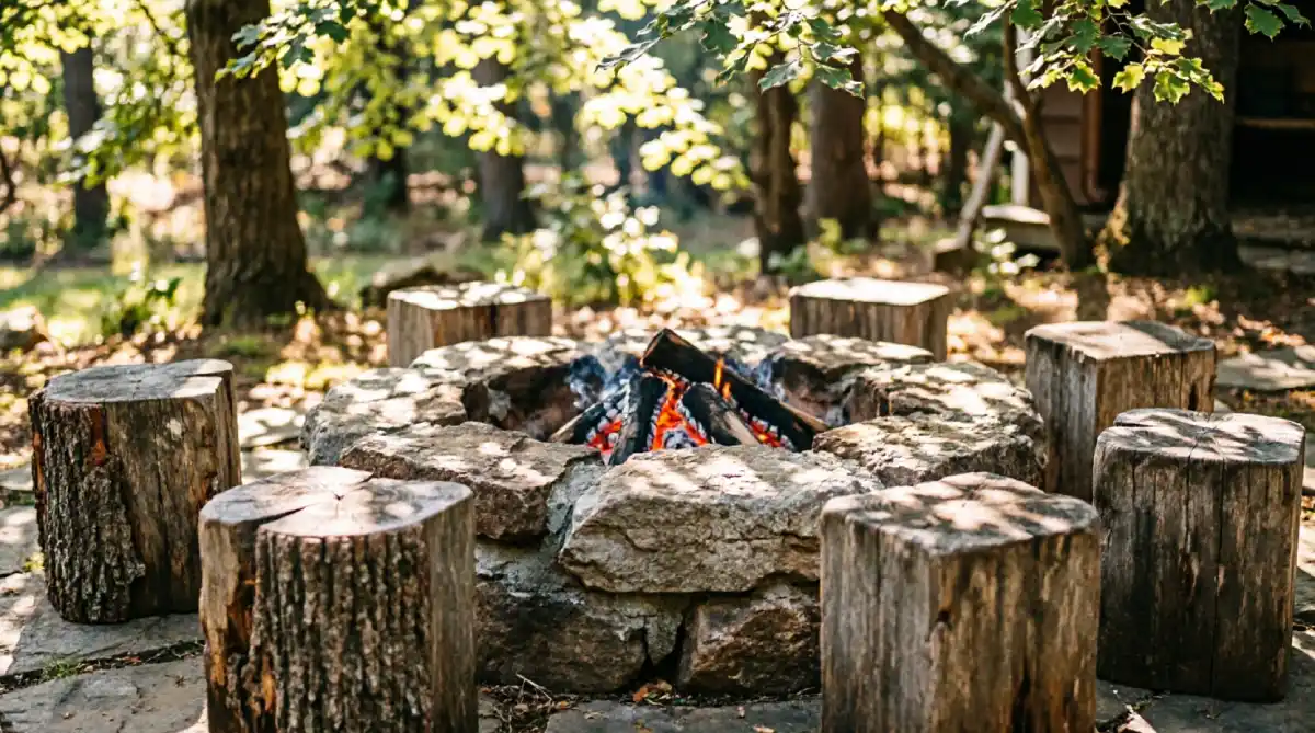 12 Summer Garden Seating Ideas for Comfort - Outdoor Living - Homedecortoday Rustic log seats circling a fire pit in a wild garden