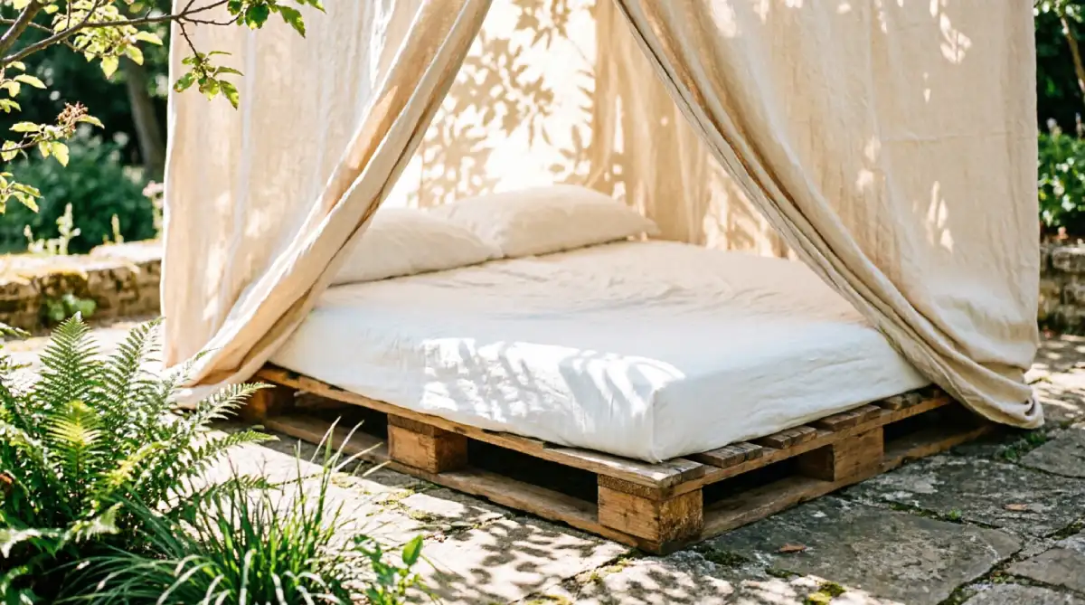 12 Summer Garden Seating Ideas for Comfort - Outdoor Living - Homedecortoday DIY pallet daybed with canopy set up on a sunny patio
