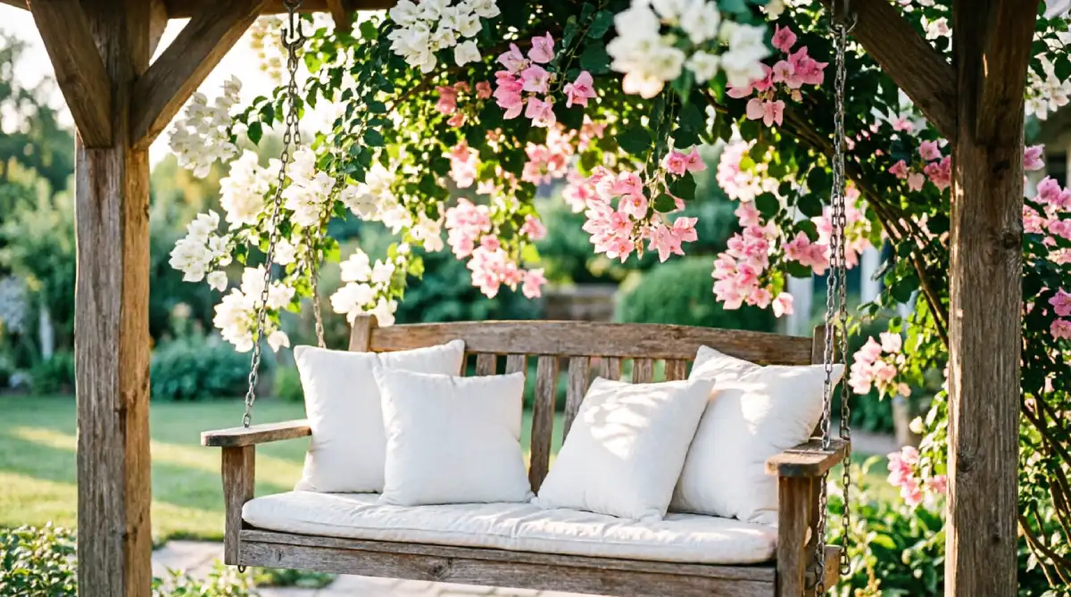 12 Summer Garden Seating Ideas for Comfort - Outdoor Living - Homedecortoday Wooden porch swing with cushions hung under a flowering pergola