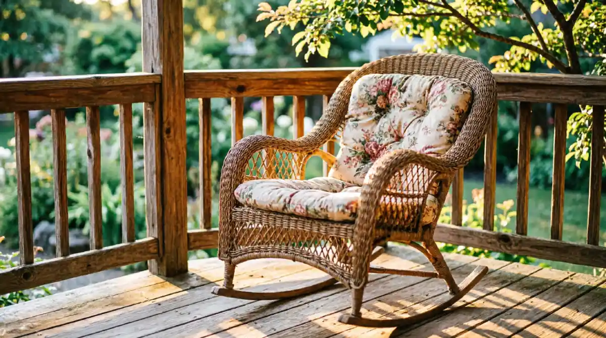 12 Summer Garden Seating Ideas for Comfort - Outdoor Living - Homedecortoday Wicker rocking chair on a covered patio overlooking a flower garden