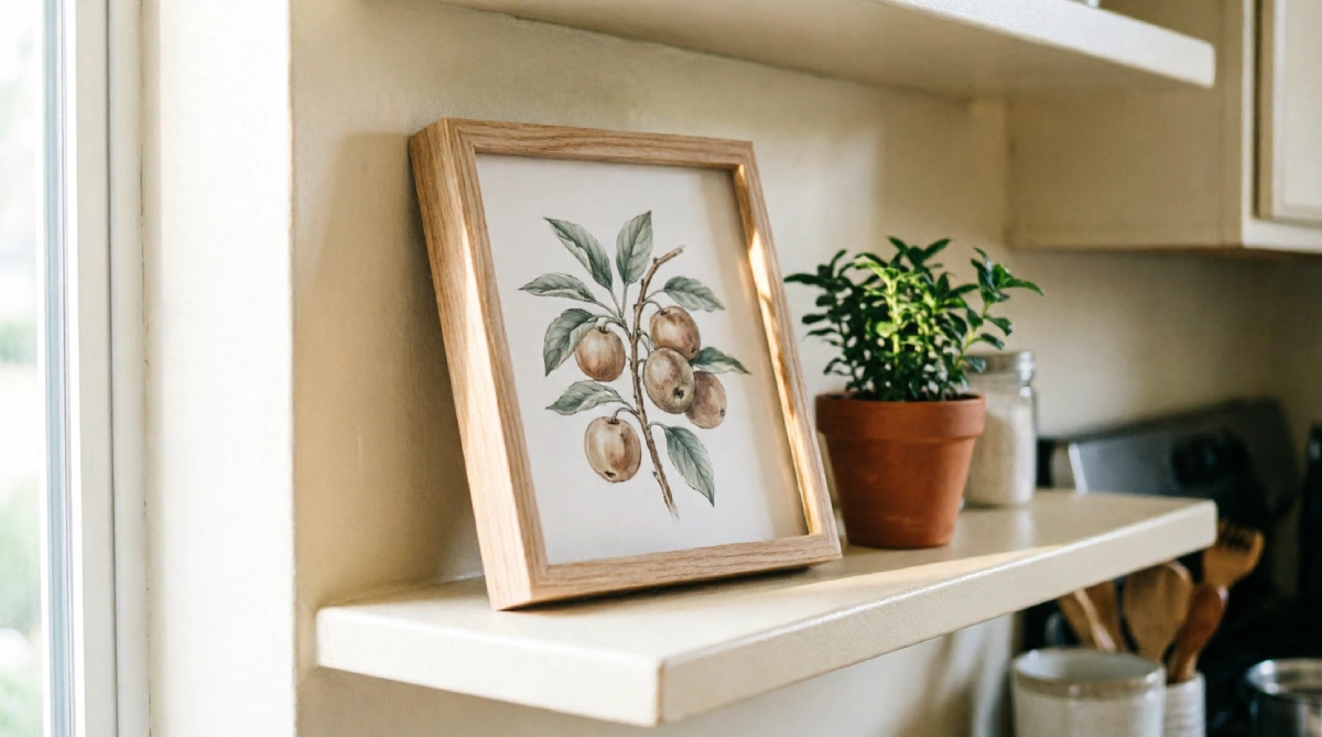 Botanical art print adding subtle summer style to kitchen decor