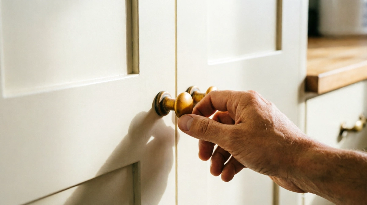 Unlacquered brass cabinet handle adding a warm glow to a light kitchen