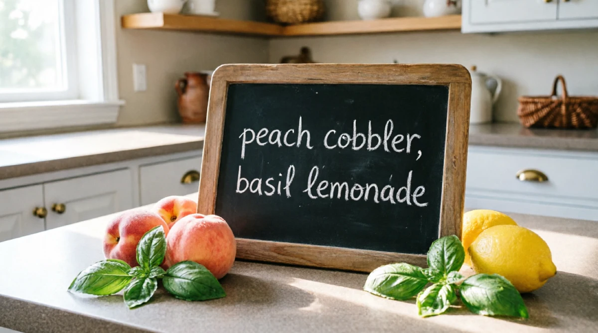 Framed chalkboard with summer menu list in a bright kitchen