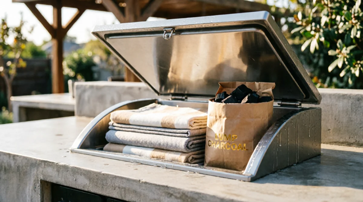 13 Summer Kitchen Storage Ideas That Reduce Clutter - Kitchen - Homedecortoday Built-in cooler bin in an outdoor kitchen used as dry storage for picnic supplies