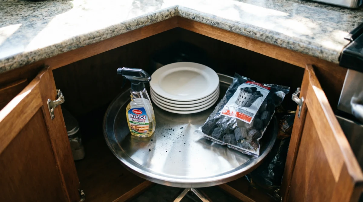 13 Summer Kitchen Storage Ideas That Reduce Clutter - Kitchen - Homedecortoday Corner cabinet Lazy Susan tray organizing outdoor kitchen supplies.