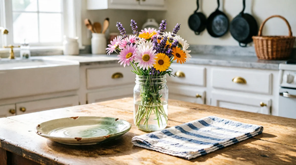 Simple tablescape with fresh flowers and a colorful napkin for a summer kitchen