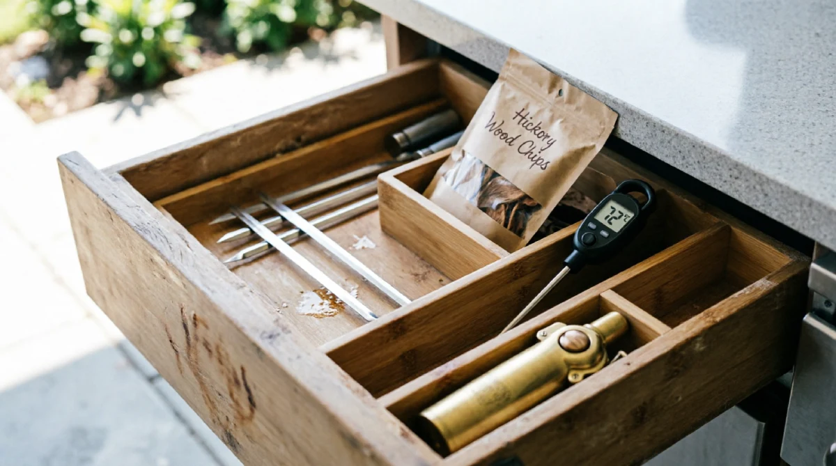 13 Summer Kitchen Storage Ideas That Reduce Clutter - Kitchen - Homedecortoday Open drawer with bamboo dividers organizing grilling tools and accessories