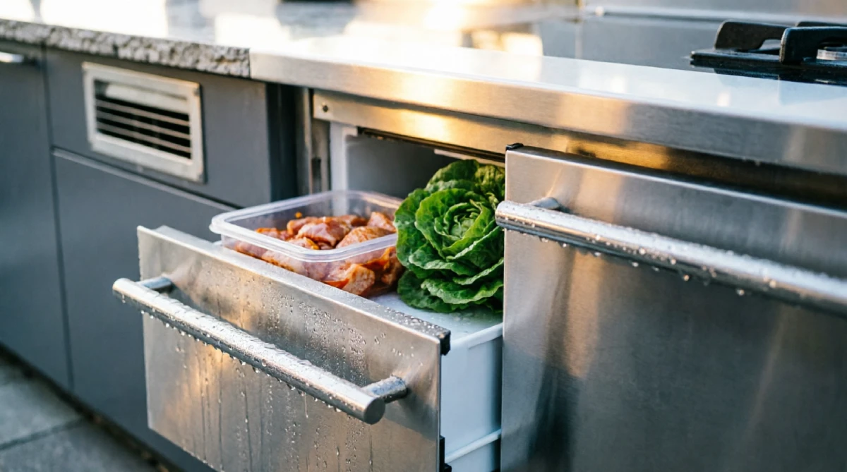 13 Summer Kitchen Storage Ideas That Reduce Clutter - Kitchen - Homedecortoday Under-counter refrigerator drawers integrated into an outdoor kitchen island