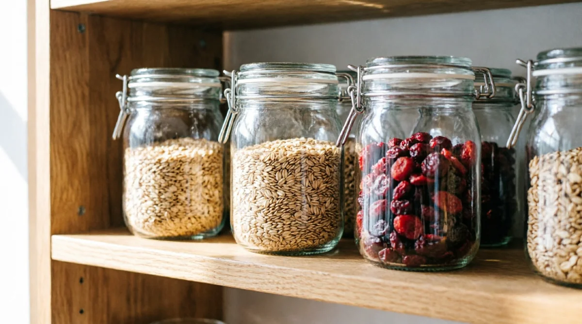 Glass storage canisters on open kitchen shelves adding light and texture