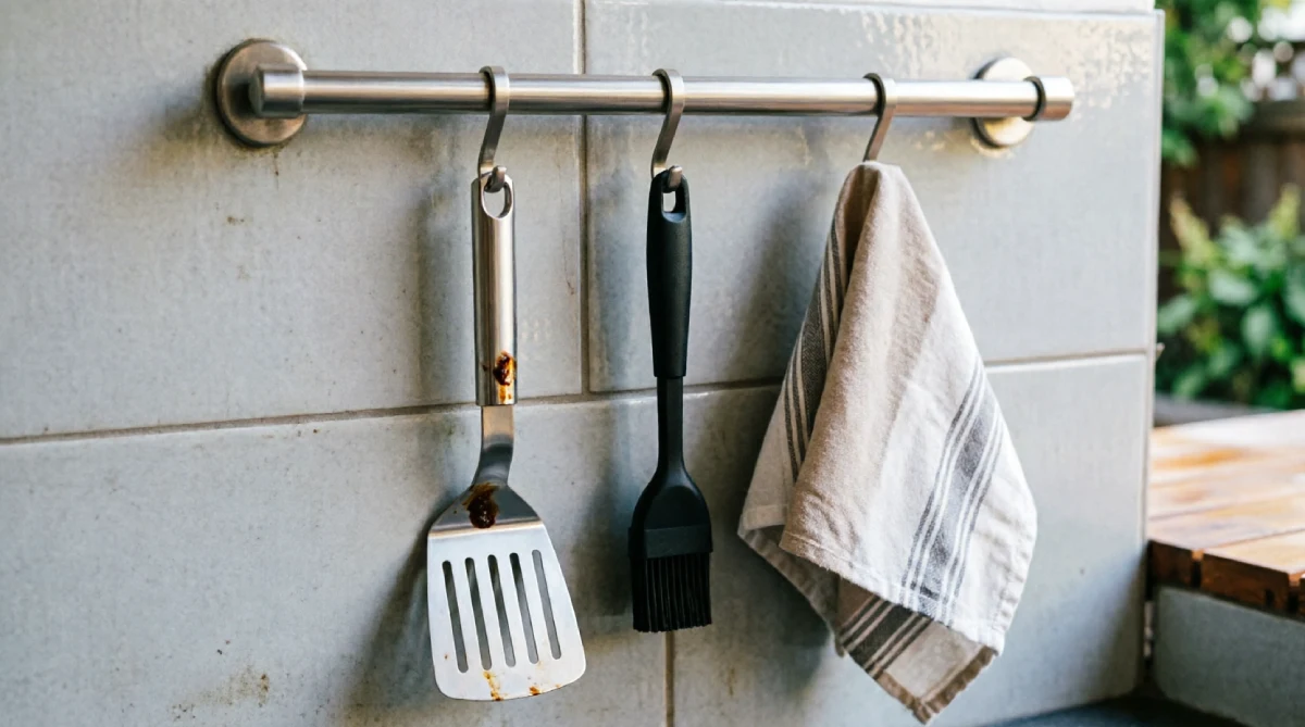 13 Summer Kitchen Storage Ideas That Reduce Clutter - Kitchen - Homedecortoday Wall-mounted utensil rail in an outdoor kitchen with cooking tools hanging neatly