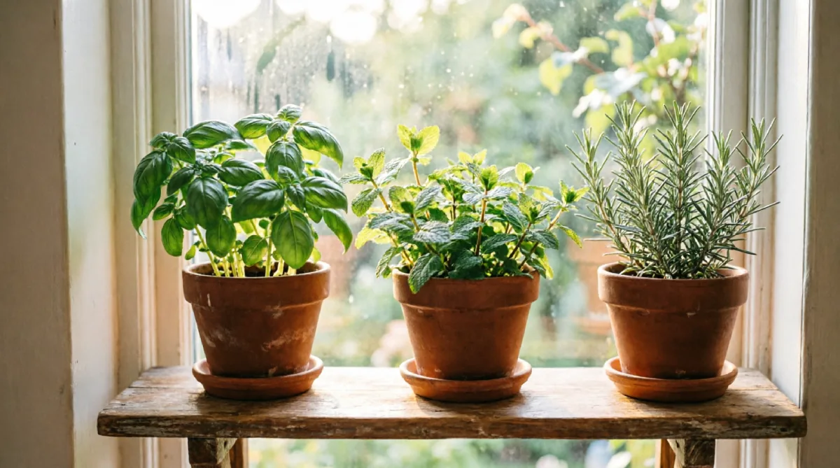 Indoor herb garden in terracotta pots bringing life to a summer kitchen