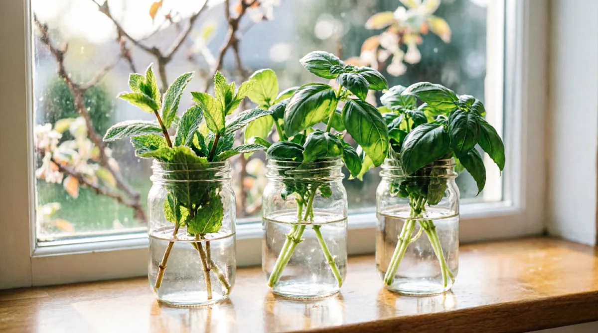 Fresh herb cuttings in glass jars on a windowsill for a bright summer kitchen accent.
