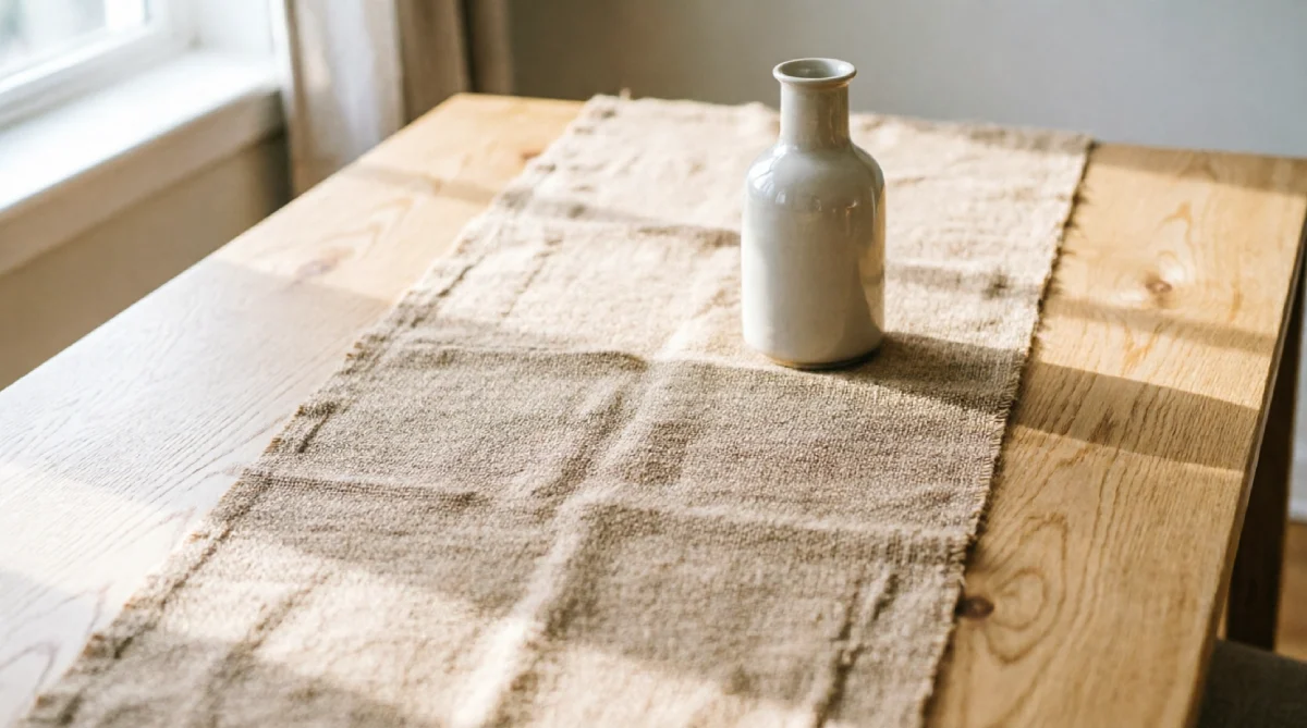 Jute runner adding warm texture to a bright summer kitchen table setting.