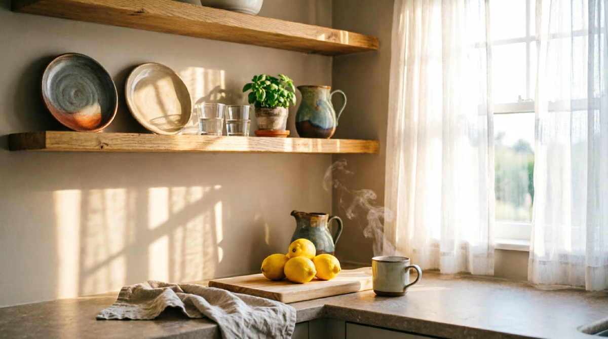 12 Summer Kitchen Layout Ideas That Improve Airflow and Movement - Kitchen - Homedecortoday Kitchen with open shelving and improved natural airflow