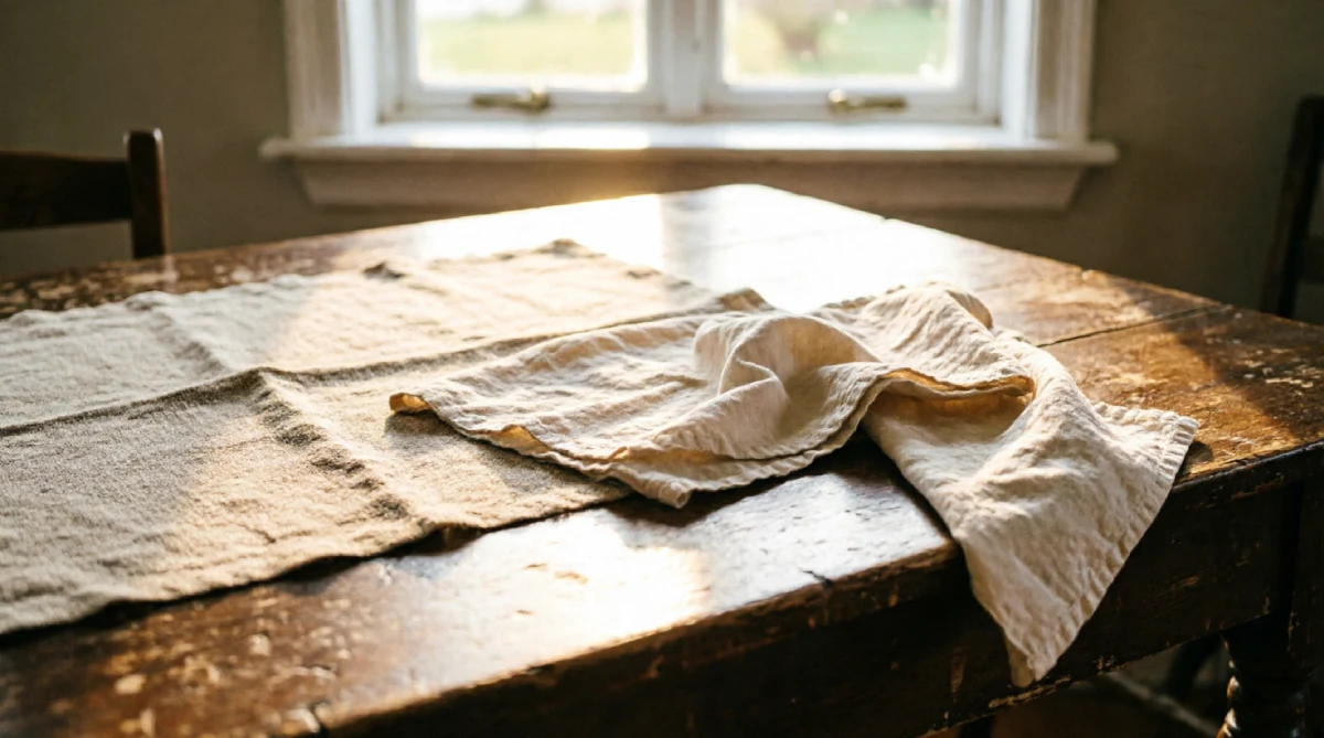 Light linen table runner and napkins styled on a wooden kitchen table for a fresh summer look.