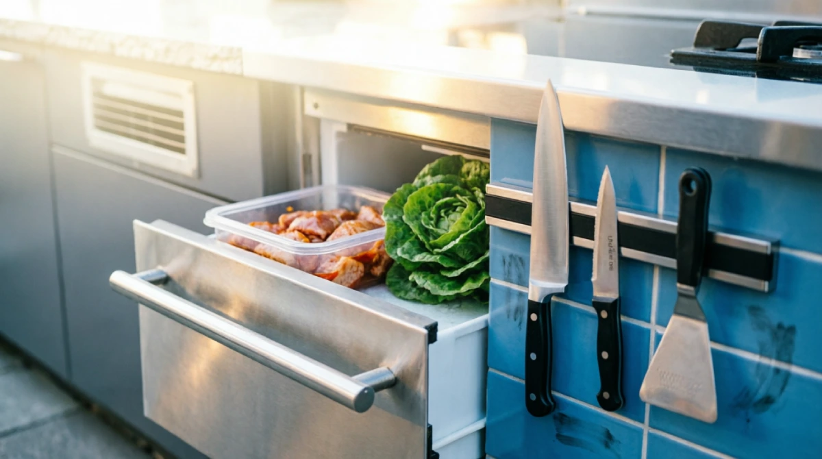 13 Summer Kitchen Storage Ideas That Reduce Clutter - Kitchen - Homedecortoday Magnetic strip on outdoor kitchen backsplash with knives and metal grill tool attached
