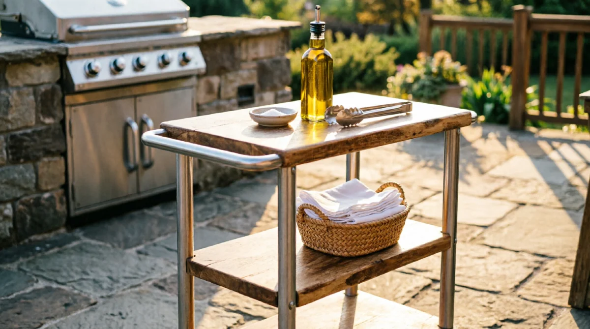 13 Summer Kitchen Storage Ideas That Reduce Clutter - Kitchen - Homedecortoday A rolling cart with a wooden top sitting on a sunny patio next to a grill, holding cooking essentials.
