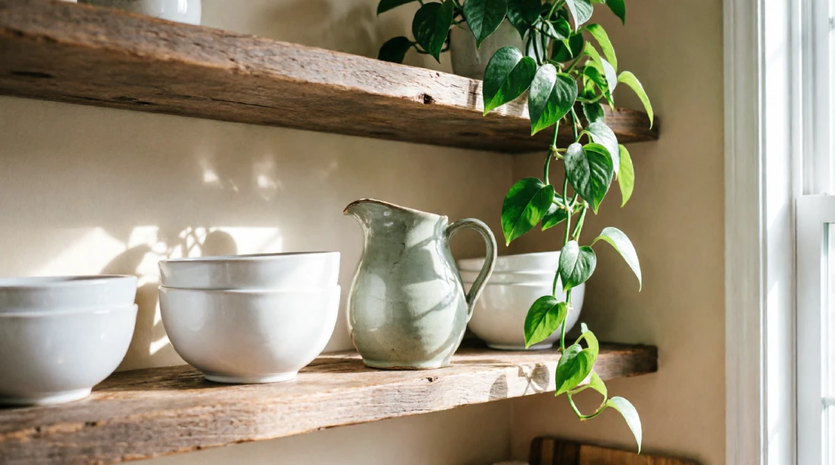 White ceramics and greenery on open shelves for a fresh summer kitchen look.