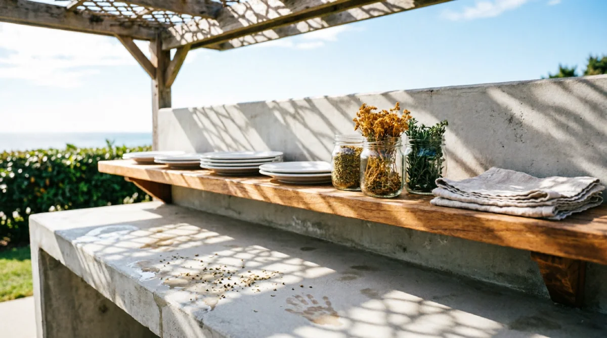 13 Summer Kitchen Storage Ideas That Reduce Clutter - Kitchen - Homedecortoday Open shelving in a sunlit outdoor kitchen holding everyday plates and herb jars