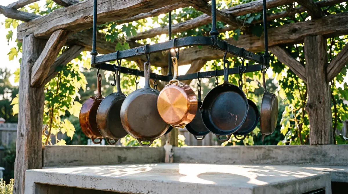 13 Summer Kitchen Storage Ideas That Reduce Clutter - Kitchen - Homedecortoday Overhead pot rack under a pergola holding cast iron cookware in an outdoor kitchen