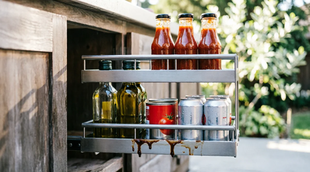 13 Summer Kitchen Storage Ideas That Reduce Clutter - Kitchen - Homedecortoday Tall slim pull-out pantry rack in an outdoor kitchen organizing bottles and cans