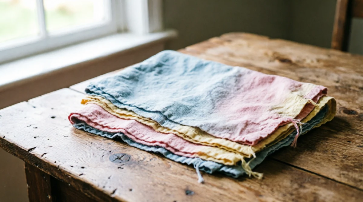 Soft pastel tea towels adding gentle color to a summer kitchen