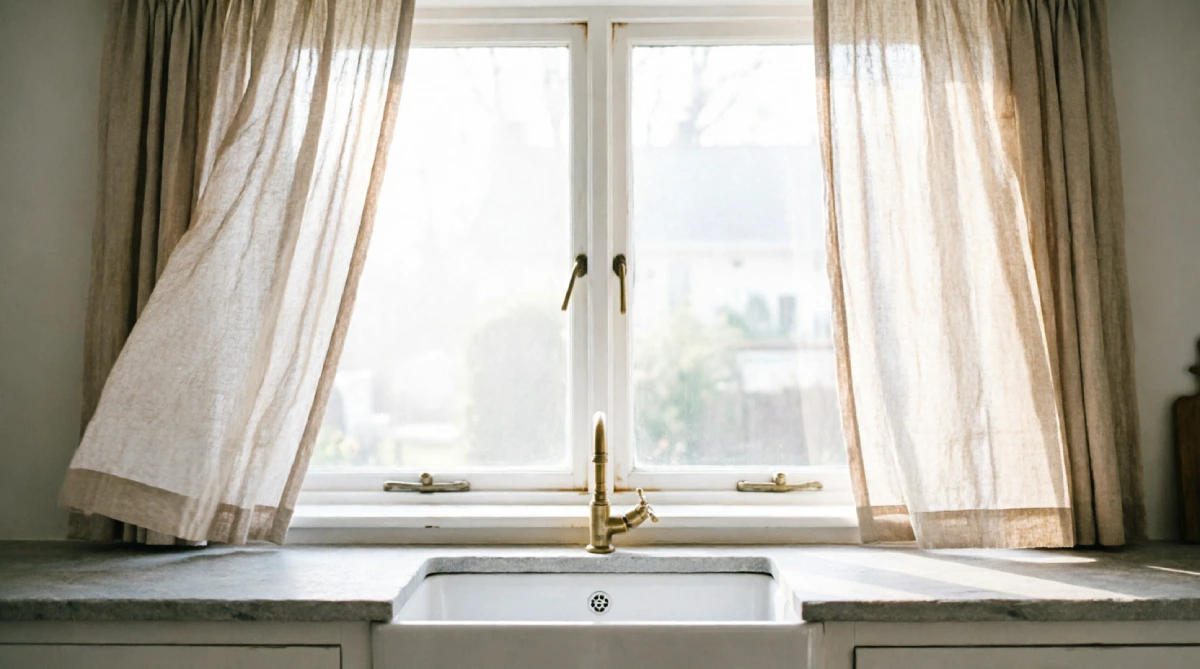 Sheer window covering allowing maximum light in a summer kitchen