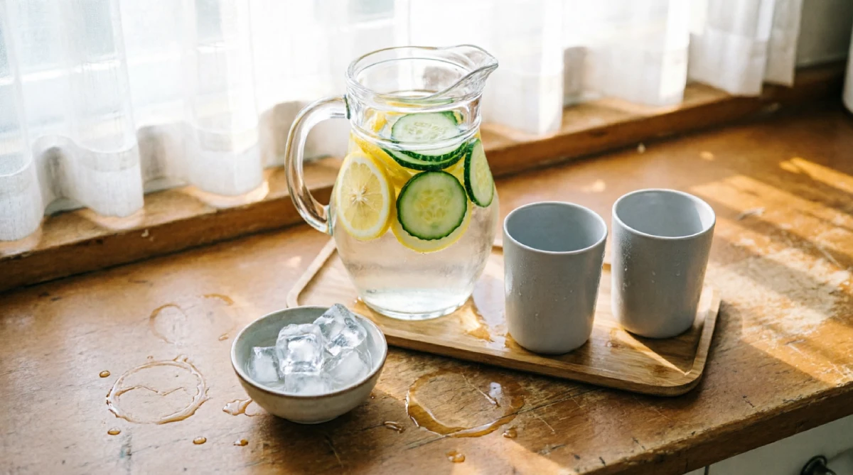 A refreshment station on the kitchen counter to help stay cool while cooking in summer.
