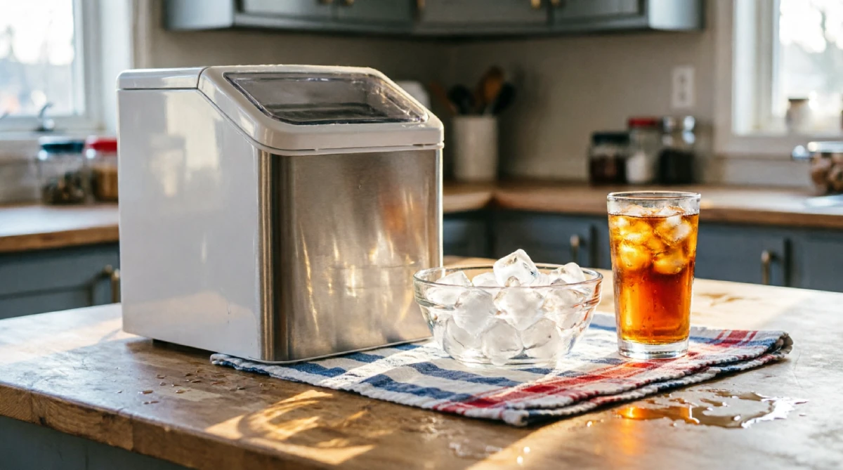 Compact ice maker providing a steady supply of ice for summer kitchen comfort.