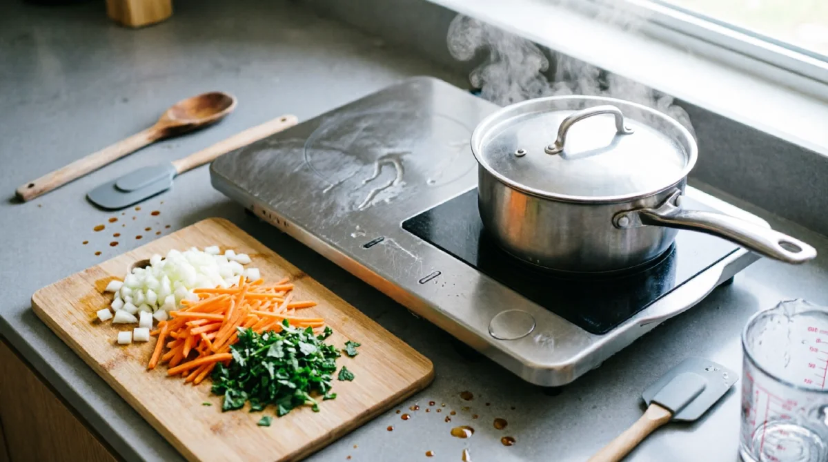 Countertop induction burner used for cooler summer cooking in a home kitchen