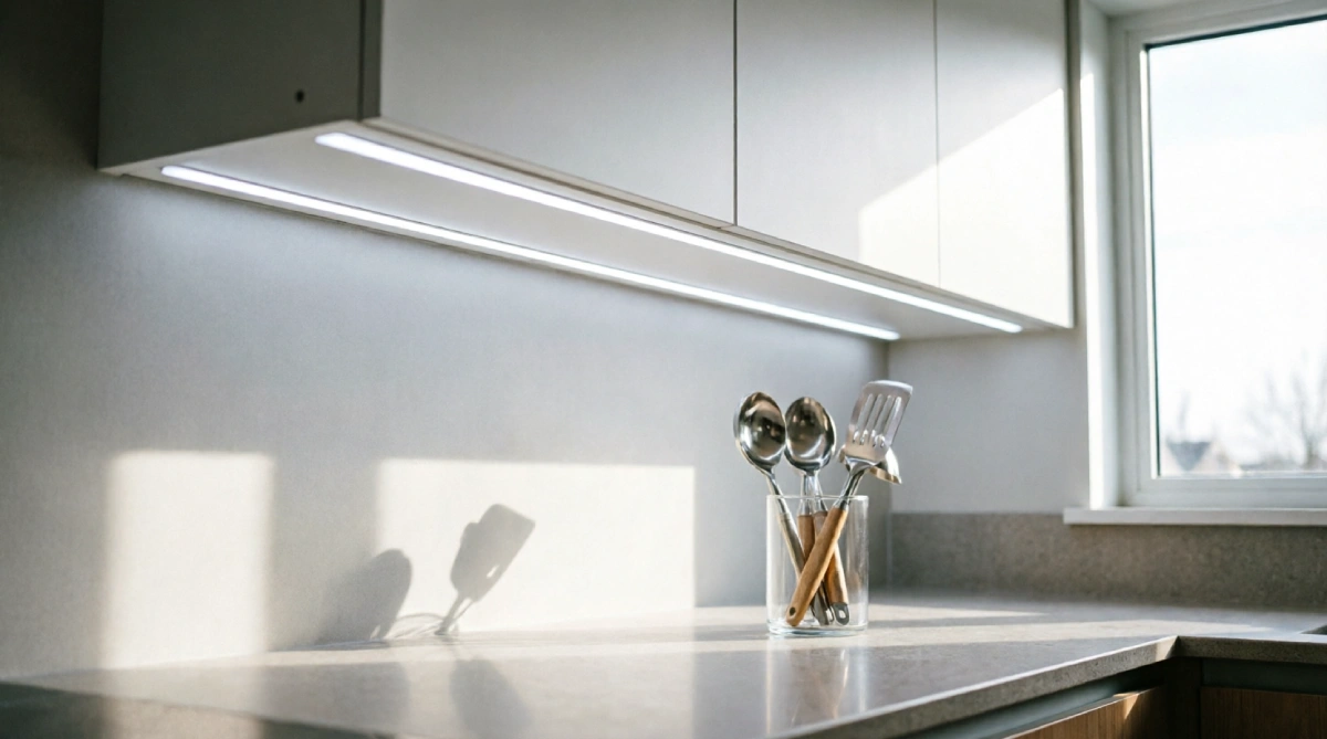 Under-cabinet LED lighting that brightens a summer kitchen without adding heat