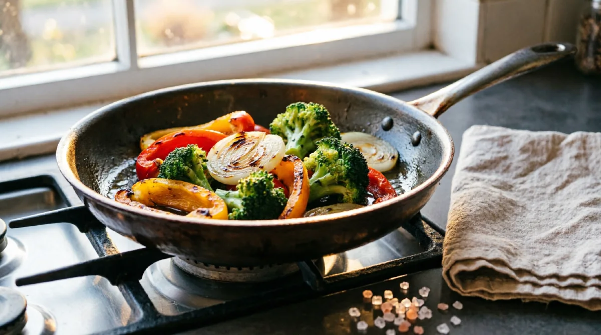 Lightweight carbon steel pan used for summer cooking to reduce residual kitchen heat
