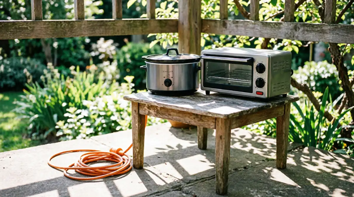 An outdoor setup that moves heat-generating appliances out of the kitchen during summer.