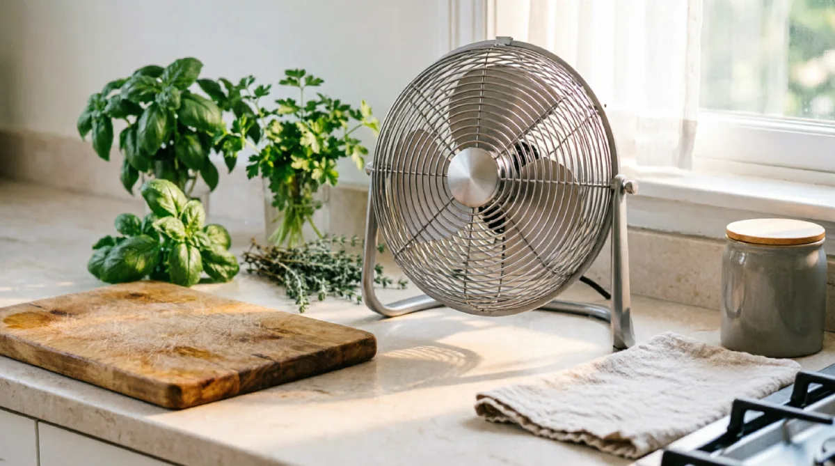 A portable fan sitting on a kitchen counter to improve airflow during summer cooking