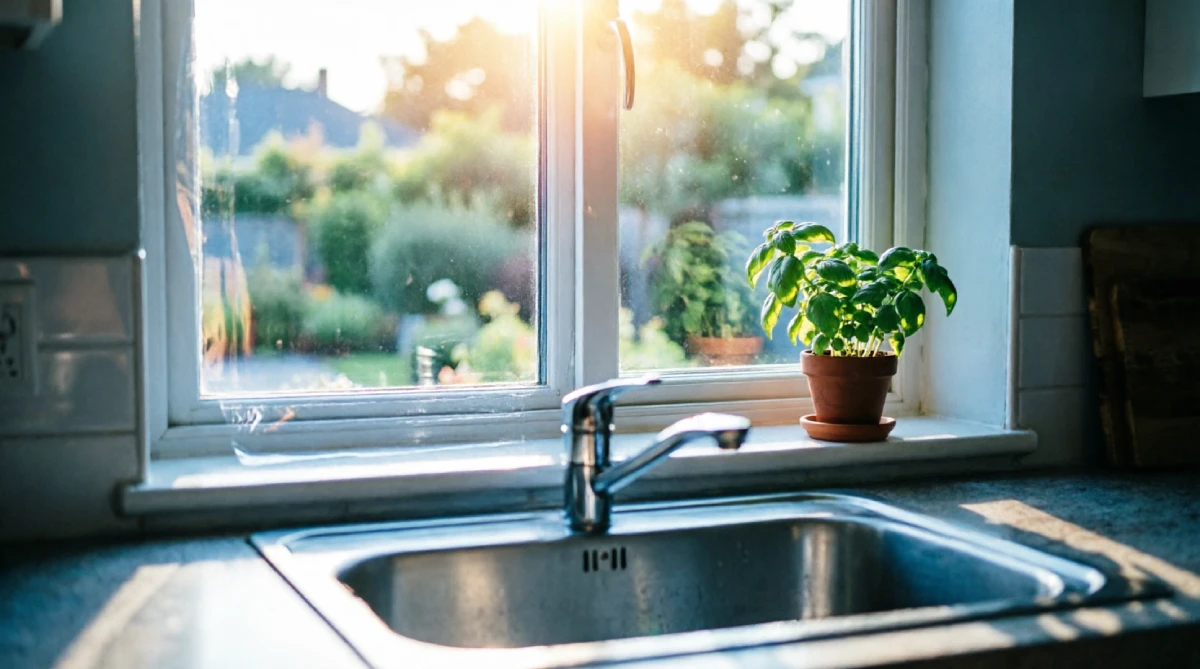 Window film applied to a kitchen window to reduce heat and glare while keeping the space bright.