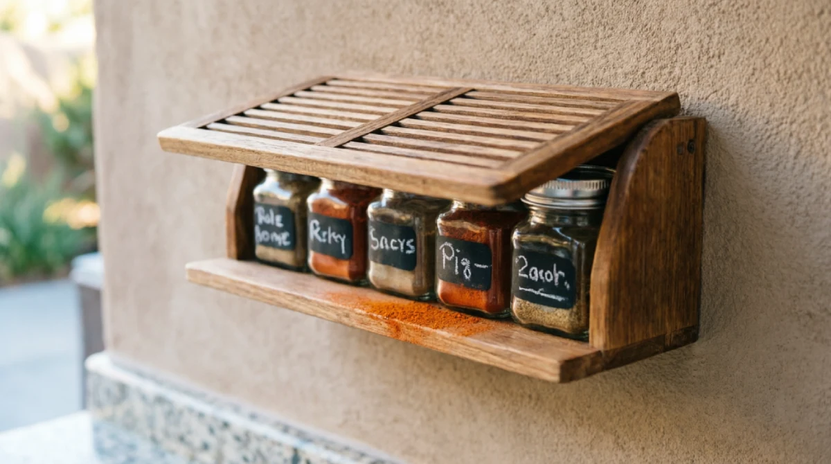 13 Summer Kitchen Storage Ideas That Reduce Clutter - Kitchen - Homedecortoday Covered wall-mounted spice rack in an outdoor kitchen keeping seasonings protected from sun.
